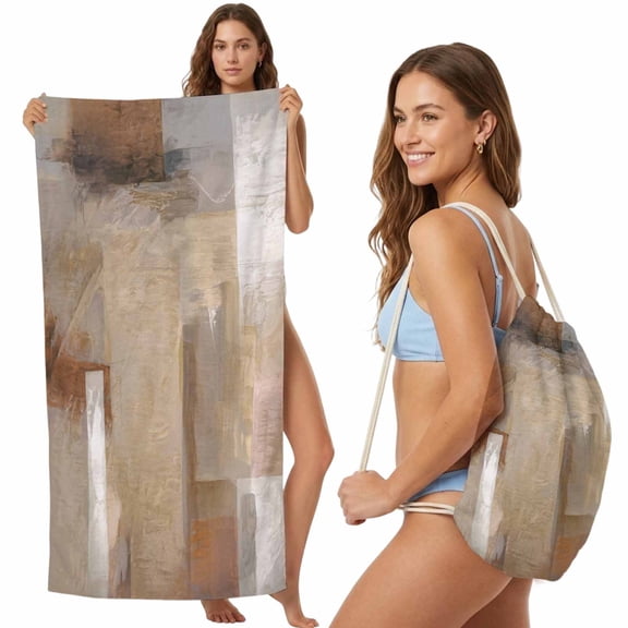 Beach Towel Backpack, Brown 2 in 1 Soft Absorbent Beach Blanket Travel Towels for Pool Swim Gym Picnic Camping, Abstract Paint Texture Retro Smudge Graffiti Art Portable Drawstring Bag 27.6x55 Inch