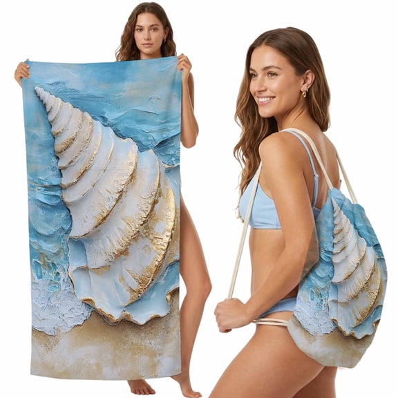 Beach Towel Backpack, Coastal Conch 2 in 1 Soft Absorbent Beach Blanket Travel Towels for Pool Swim Gym Picnic Camping, Summer Beach Seaside Nautical Blue Portable Drawstring Bag Large 31.5x63 Inch