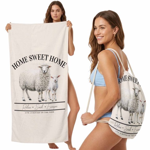 Beach Towel Backpack, Farmhouse Sheep 2 in 1 Soft Absorbent Beach Blanket Travel Towels for Pool Swim Gym Picnic Camping, Watercolor Cute Animals Retro Art Portable Drawstring Bag Large 31.5x63 Inch