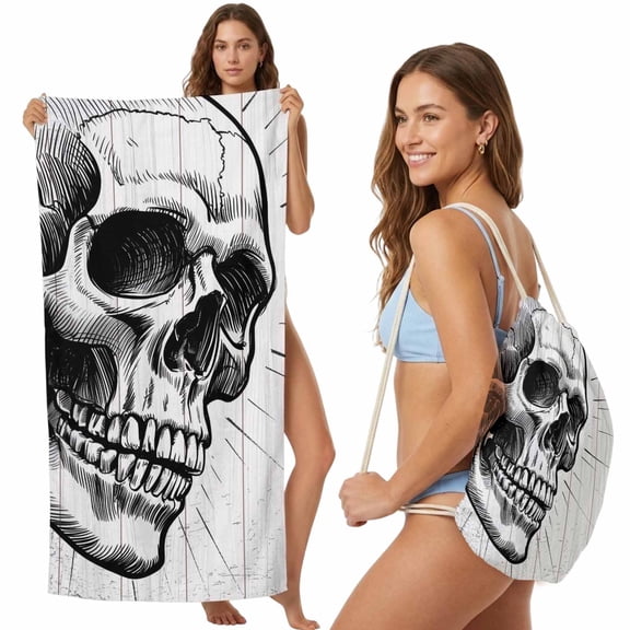 Beach Towel Backpack, Horror Skull 2 in 1 Soft Absorbent Beach Blanket Travel Towels for Pool Swim Gym Picnic Camping, Black Skeleton Spooky Halloween Portable Drawstring Bag 27.6x55 Inch