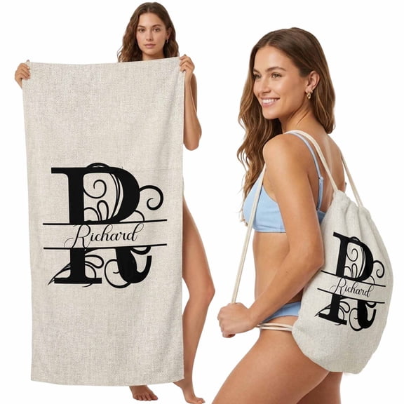 Beach Towel Backpack, Letter R 2 in 1 Soft Absorbent Beach Blanket Travel Towels for Pool Swim Gym Picnic Camping, Monogram Words Portable Drawstring Bag 27.6x55 Inch