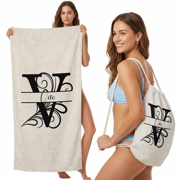 Beach Towel Backpack, Letter V 2 in 1 Soft Absorbent Beach Blanket Travel Towels for Pool Swim Gym Picnic Camping, Monogram Words Portable Drawstring Bag Large 31.5x63 Inch