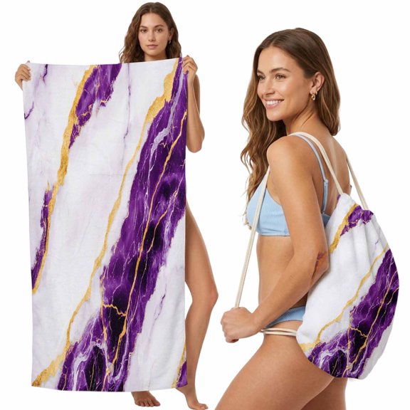 Beach Towel Backpack, Marble Purple 2 in 1 Soft Absorbent Beach Blanket Travel Towels for Pool Swim Gym Picnic Camping, Gold Foil Ceramic Style Cracks Scratches Portable Drawstring Bag 27.6x55 Inch