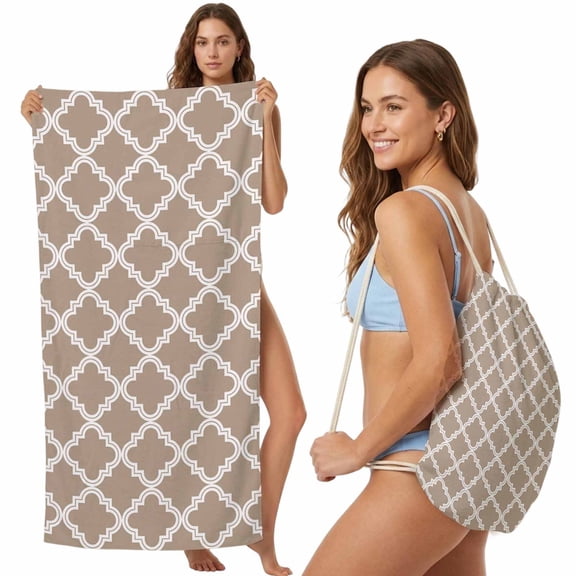 Beach Towel Backpack, Modern Beige Geometric 2 in 1 Soft Absorbent Beach Blanket Travel Towels for Pool Swim Gym Picnic Camping, Abstract Art Morocco Aesthetic Portable Drawstring Bag 27.6x55 Inch