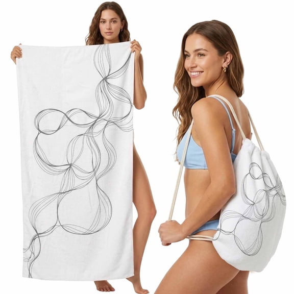 Beach Towel Backpack, Modern White 2 in 1 Soft Absorbent Beach Blanket Travel Towels for Pool Swim Gym Picnic, Minimalist Abstract Ribbon A Sketch Rt Portable Drawstring Bag Large 31.5x63 Inch