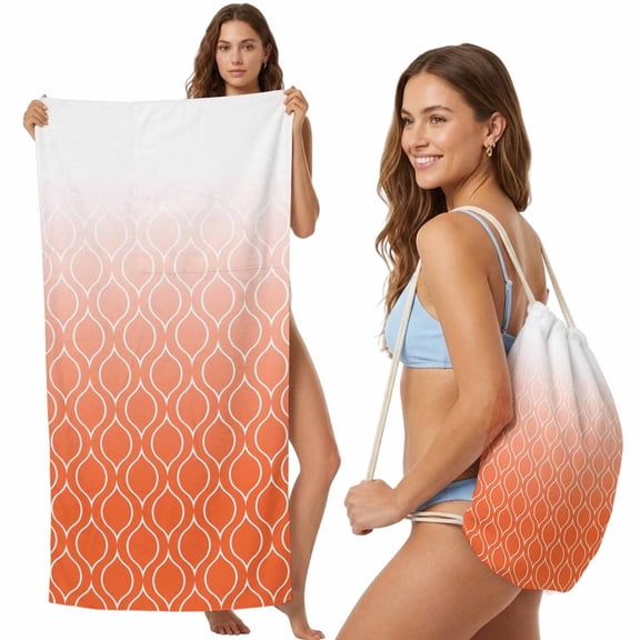 Beach Towel Backpack, Morocco Orange 2 in 1 Soft Absorbent Beach Blanket Travel Towels for Pool Swim Gym Picnic Camping, Modern Geometric Gradient Simple Portable Drawstring Bag 27.6x55 Inch