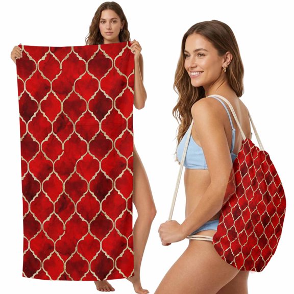 Beach Towel Backpack, Red Geometric 2 in 1 Soft Absorbent Beach Blanket Travel Towels for Pool Swim Gym Picnic Camping, Modern Morocco Abstract Art Portable Drawstring Bag 27.6x55 Inch