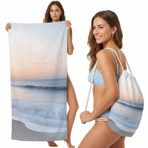 Beach Towel Backpack, Summer Beach 2 in 1 Soft Absorbent Beach Blanket Travel Towels for Pool Swim Gym Picnic Camping, Coastal Nautical Seaside Ocean Portable Drawstring Bag Large 31.5x63 Inch