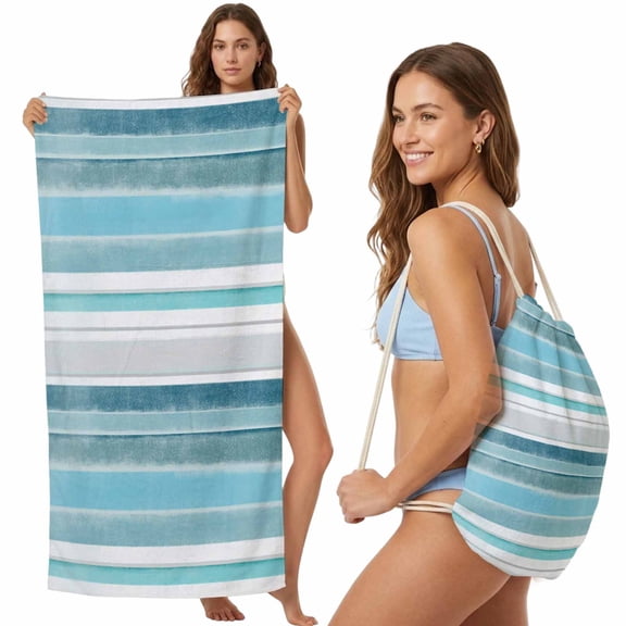 Beach Towel Backpack, Teal Nordic Style Stripes 2 in 1 Soft Absorbent Beach Blanket Travel Towels for Pool Swim Gym Picnic Camping, Turquoise Texture Portable Drawstring Bag Large 31.5x63 Inch