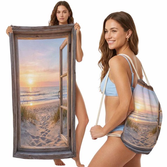 Beach Towel Backpack, Wooden Window Coastal 2 in 1 Soft Absorbent Beach Blanket Travel Towels for Pool Swim Gym Picnic Camping, Seaside Summer Beach Sunset Portable Drawstring Bag Large 31.5x63 Inch