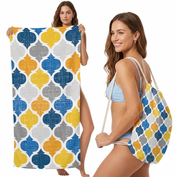 Beach Towel Backpack, Yellow Blue Morocco Pattern 2 in 1 Soft Absorbent Beach Blanket Travel Towels for Pool Swim Gym Picnic Camping, Modern Moroccan Geometric Portable Drawstring Bag 27.6x55 Inch