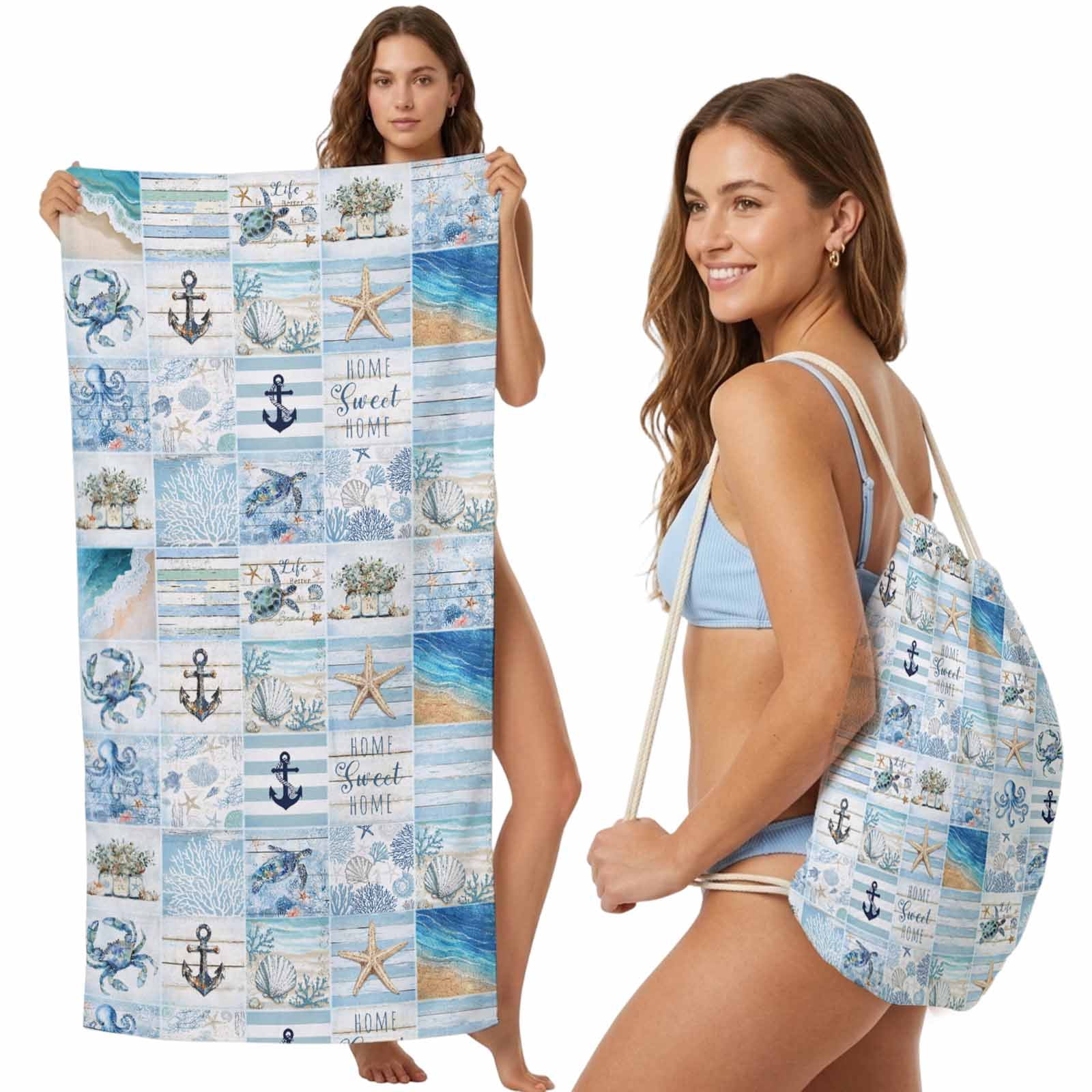 Beach Towel Bag 2 in 1 Anchor Marine Life Bath Pool Towels Backpack Ocean Beach Blue Plaid Absorbent Beach Towel Soft Quick Dry Lightweight Towels Drawstring Bag for Travel Camping Sports Picnic