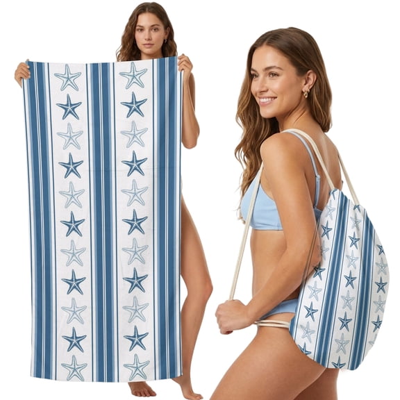 Beach Towel Bag 2 in 1 Blue Coastal Starfish Bath Pool Towels Backpack Nautical Vertical Stripes Absorbent Beach Towel Soft Quick Dry Towels Drawstring Bag for Travel Camping Sports Picnic