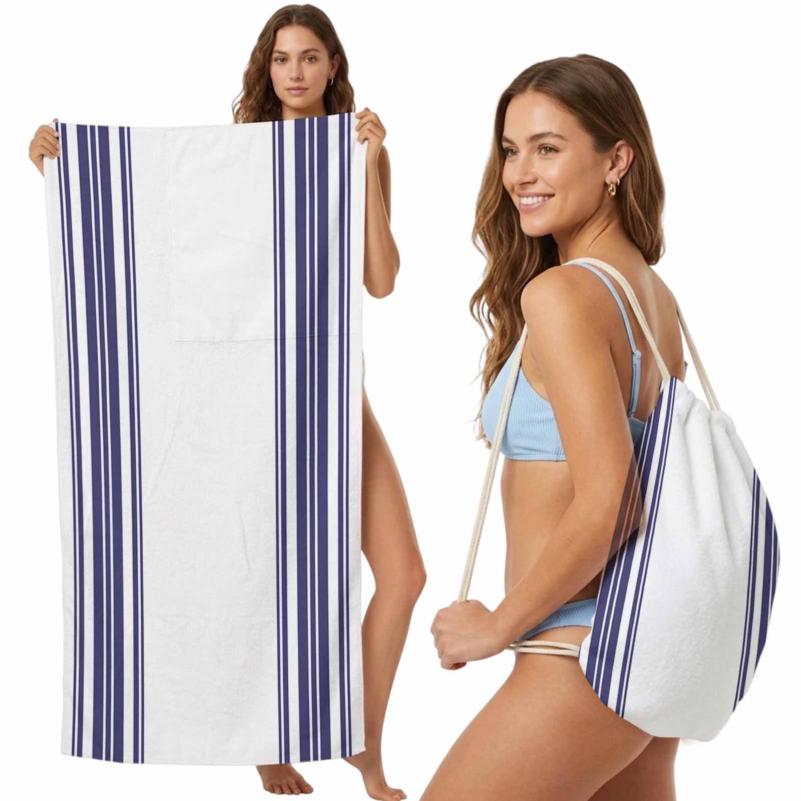Beach Towel Bag 2 in 1 Blue Stripes Bath Pool Towels Backpack Simple Style Absorbent Beach Towel Soft Quick Dry Lightweight Packable Towels Drawstring Bag for Travel Camping Sports Yoga Gym Picnic