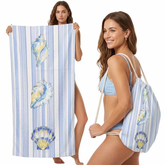 Beach Towel Bag 2 in 1 Coastal Shell Conch Bath Pool Towels Backpack Summer Blue Vertical Stripes Absorbent Beach Towel Soft Quick Dry Towels Drawstring Bag for Travel Camping Sports Picnic