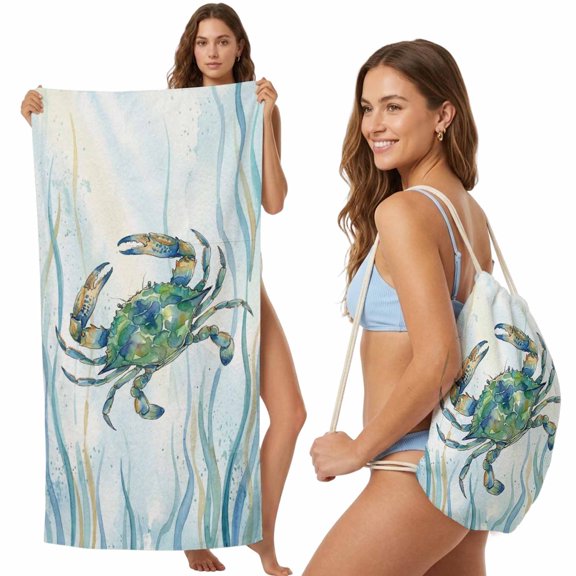 Beach Towel Bag 2 in 1 Crab Bath Pool Towels Backpack Ocean Marin Life Teal Coral Absorbent Beach Towel Soft Quick Dry Lightweight Towels Drawstring Bag for Travel Camping Sports Yoga Gym Picnic