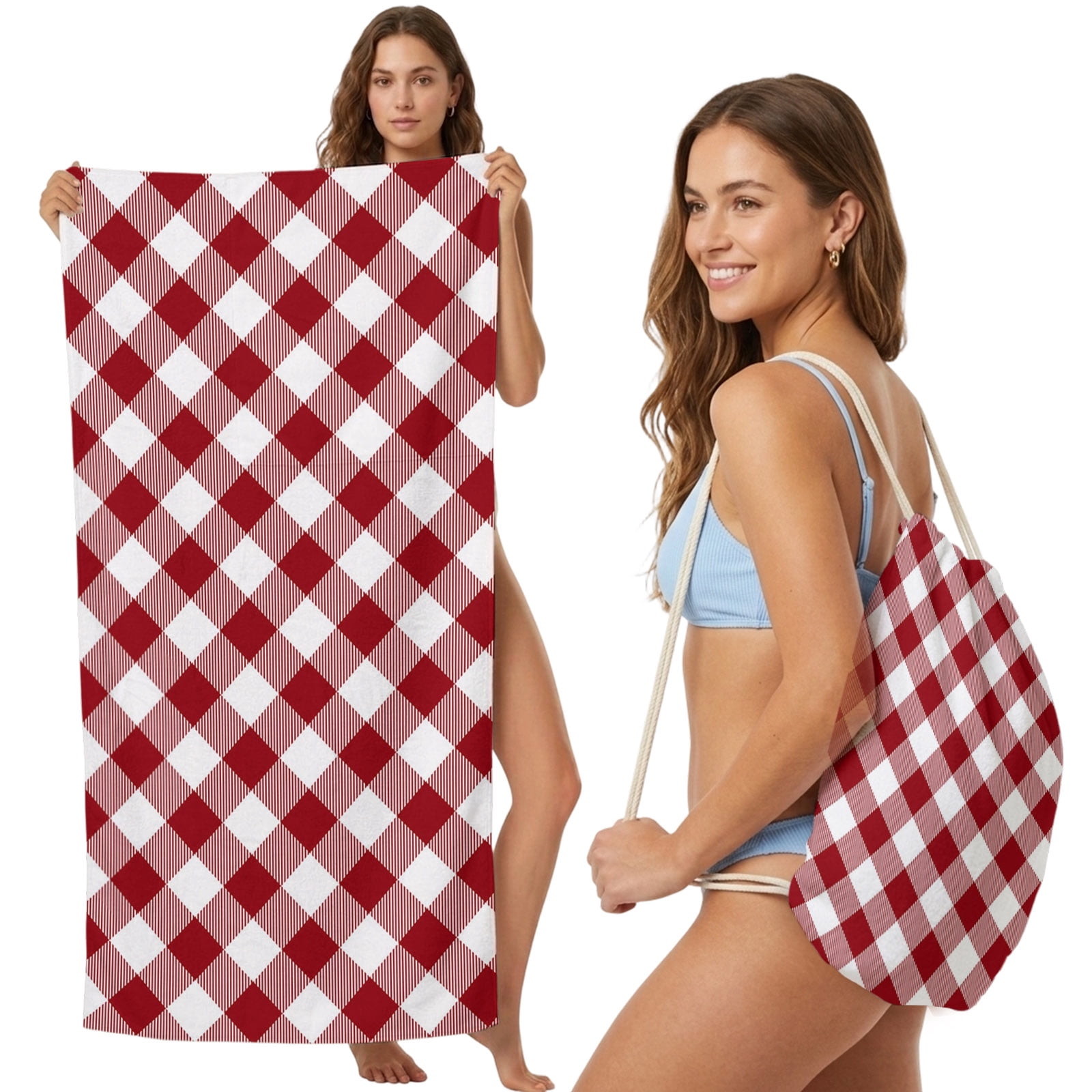 Beach Towel Bag 2 in 1 Dark Red Buffalo Check Plaid Bath Pool Towels Backpack Farmhouse Style Absorbent Beach Towel Soft Quick Dry Lightweight Towels Drawstring Bag for Travel Camping Sports Picnic
