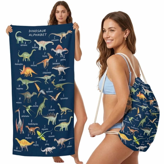 Beach Towel Bag 2 in 1 Dinosaur Family Bath Pool Towels Backpack Learning Alphabet A to Z Name Blue Absorbent Beach Towel Soft Quick Dry Towels Drawstring Bag for Travel Camping Sports Picnic