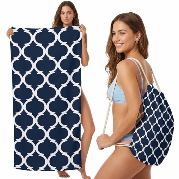 Beach Towel Bag 2 in 1 Geometric Morocco Pattern Bath Pool Towels Backpack Navy Blue Abstract Absorbent Beach Towel Soft Quick Dry Lightweight Towels Drawstring Bag for Travel Camping Sports Picnic