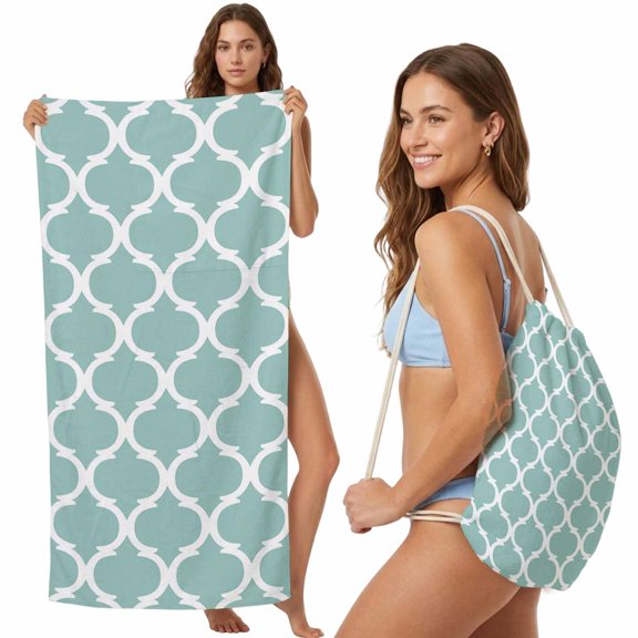 Beach Towel Bag 2 in 1 Geometric Morocco Pattern Bath Pool Towels Backpack Teal Green Abstract Absorbent Beach Towel Soft Quick Dry Lightweight Towels Drawstring Bag for Travel Camping Sports Picnic