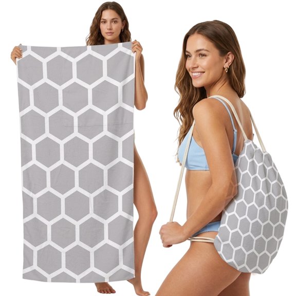Beach Towel Bag 2 in 1 Gray Moroccan Hexagon Bath Pool Towels Backpack Geometric Art Absorbent Beach Towel Soft Quick Dry Lightweight Towels Drawstring Bag for Travel Camping Sports Yoga Gym Picnic