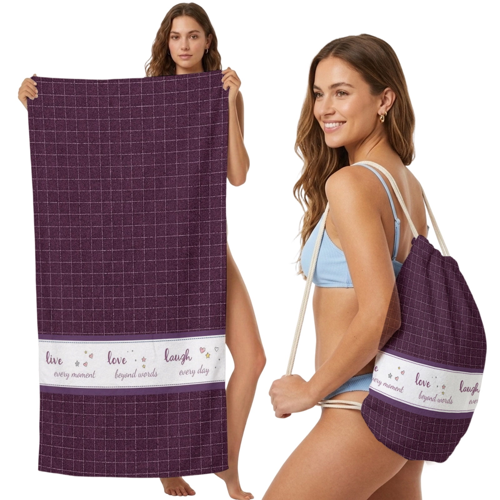 Beach Towel Bag 2 in 1 Live Love Laugh Bath Pool Towels Backpack Purple Buffalo Plaid Absorbent Beach Towel Soft Quick Dry Lightweight Towels Drawstring Bag for Travel Camping Sports Yoga Gym Picnic