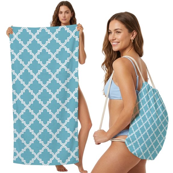 Beach Towel Bag 2 in 1 Moroccan Pattern Bath Pool Towels Backpack Blue Geometric Trellis Absorbent Beach Towel Soft Quick Dry Lightweight Towels Drawstring Bag for Travel Camping Sports Yoga Picnic