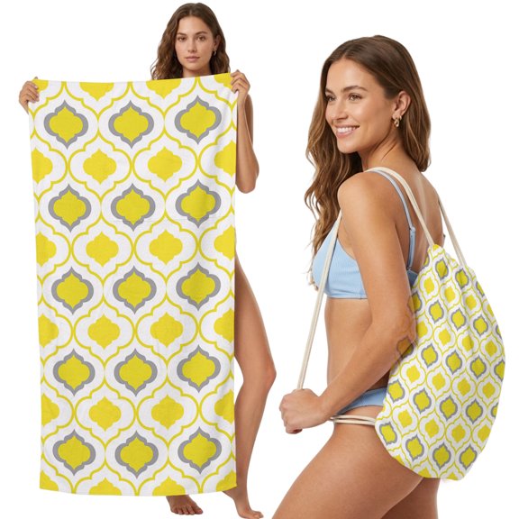 Beach Towel Bag 2 in 1 Moroccan Pattern Bath Pool Towels Backpack Geometric Trellis Yellow Grey Absorbent Beach Towel Soft Quick Dry Towels Drawstring Bag for Travel Camping Sports Picnic