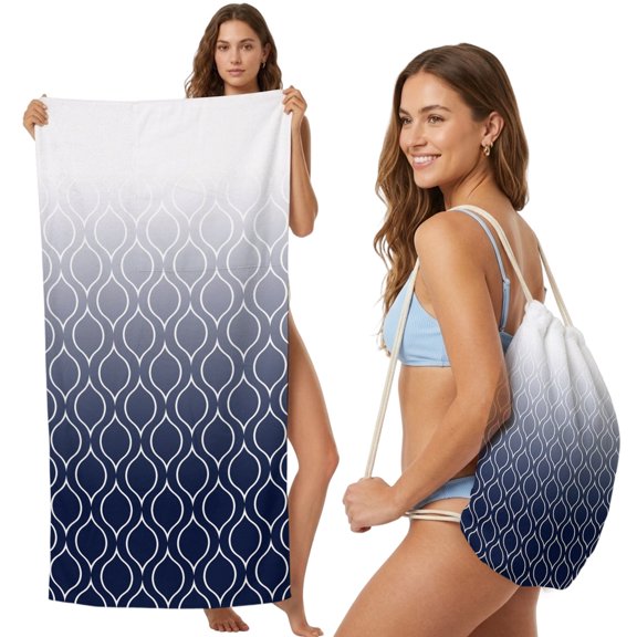 Beach Towel Bag 2 in 1 Navy Blue Morocco Bath Pool Towels Backpack Ombre Geometric Lines Pattern Absorbent Beach Towel Soft Quick Dry Towels Drawstring Bag for Travel Camping Sports Picnic