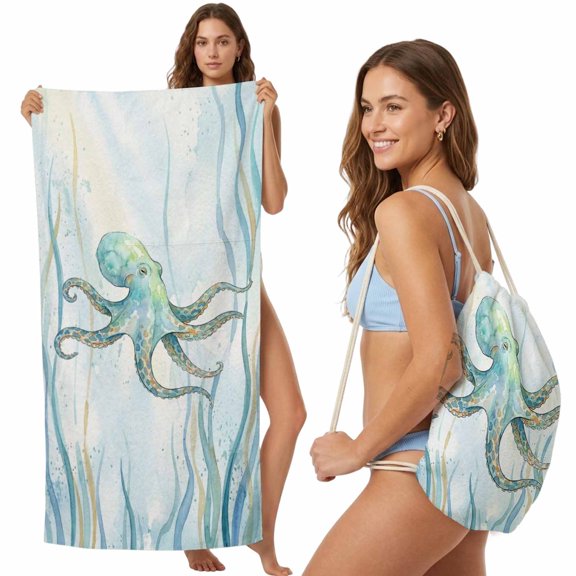 Beach Towel Bag 2 in 1 Octopus Bath Pool Towels Backpack Ocean Marin Life Teal Coral Absorbent Beach Towel Soft Quick Dry Lightweight Towels Drawstring Bag for Travel Camping Sports Yoga Gym Picnic