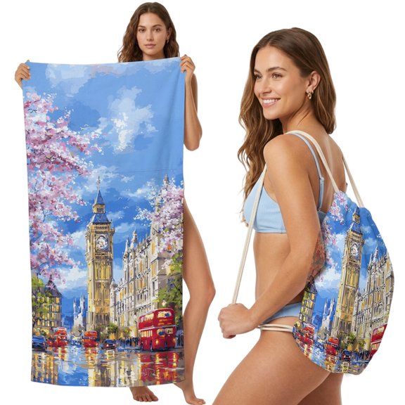 Beach Towel Bag 2 in 1 Red Bus Clock Tower Bath Pool Towels Backpack Cherry Blossoms Impressionist Absorbent Beach Towel Soft Quick Dry Towels Drawstring Bag for Travel Camping Sports Picnic