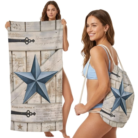 Beach Towel Bag 2 in 1 Rusty Barn Star Doors Bath Pool Towels Backpack Blue Retro Rustic Walls Absorbent Beach Towel Soft Quick Dry Lightweight Towels Drawstring Bag for Travel Camping Sports Picnic
