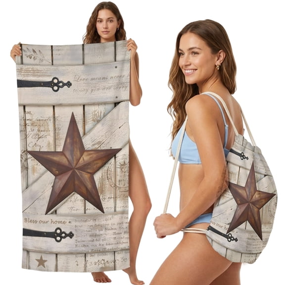 Beach Towel Bag 2 in 1 Rusty Barn Star Doors Bath Pool Towels Backpack Brown Retro Rustic Walls Absorbent Beach Towel Soft Quick Dry Towels Drawstring Bag for Travel Camping Sports Picnic