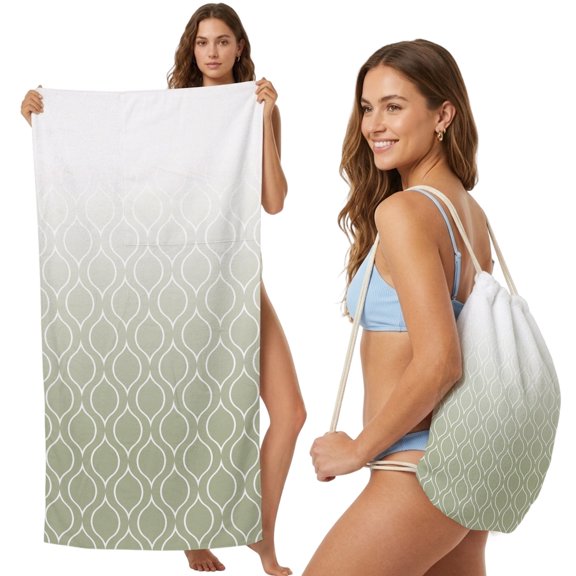 Beach Towel Bag 2 in 1 Sage Green Morocco Bath Pool Towels Backpack Ombre Geometric Lines Pattern Absorbent Beach Towel Soft Quick Dry Towels Drawstring Bag for Travel Camping Sports Picnic