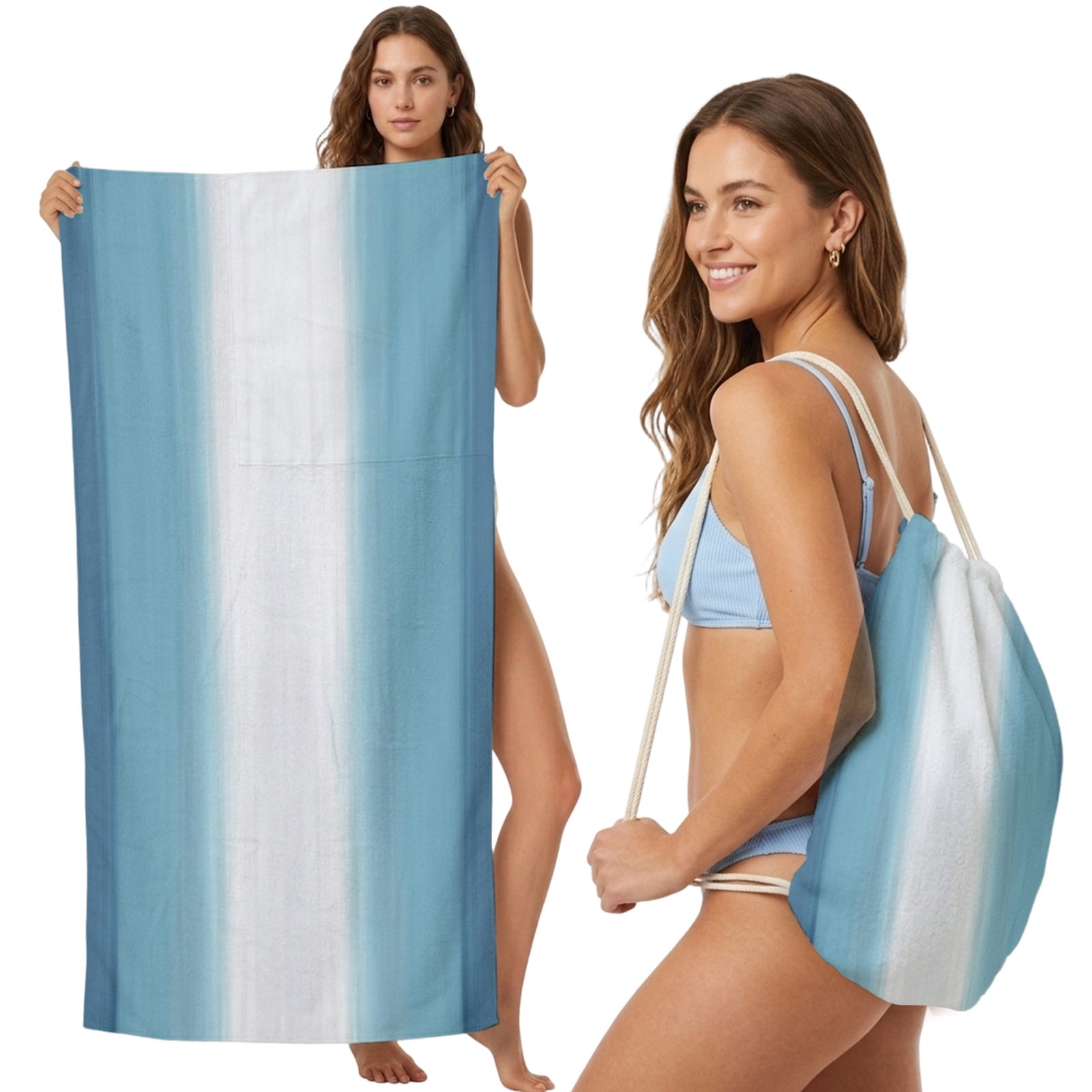 Beach Towel Bag 2 in 1 Sky Blue Stripes Bath Pool Towels Backpack Beach Ombre Vertical Striped Absorbent Beach Towel Soft Quick Dry Lightweight Towels Drawstring Bag for Travel Camping Sports Picnic