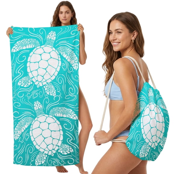 Beach Towel Bag 2 in 1 Teal Sea Turtle Bath Pool Towels Backpack Coastal Marine Life Waves Absorbent Beach Towel Soft Quick Dry Lightweight Towels Drawstring Bag for Travel Camping Sports Picnic