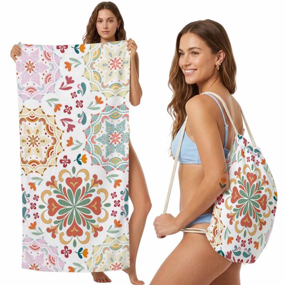 Beach Towel Bag 2 in 1 Turkish Pattern Bath Pool Towels Backpack Vintage Abstract Flower Absorbent Beach Towel Soft Quick Dry Lightweight Towels Drawstring Bag for Travel Camping Sports Yoga Picnic
