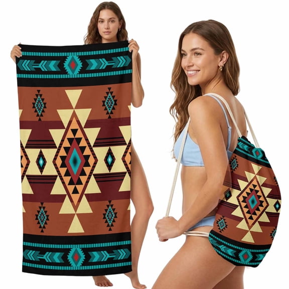 Beach Towel Bag 2 in 1 Turquoise Brown Boho Bath Pool Towels Backpack Native Southwest Ethnic Absorbent Beach Towel Soft Quick Dry Lightweight Towels Drawstring Bag for Travel Camping Sports Picnic