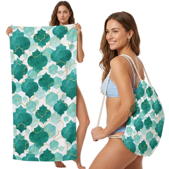 Beach Towel Bag 2 in 1 Turquoise Moroccan Bath Pool Towels Backpack Gradient Modern Geometric Absorbent Beach Towel Soft Quick Dry Lightweight Towels Drawstring Bag for Travel Camping Sports Picnic