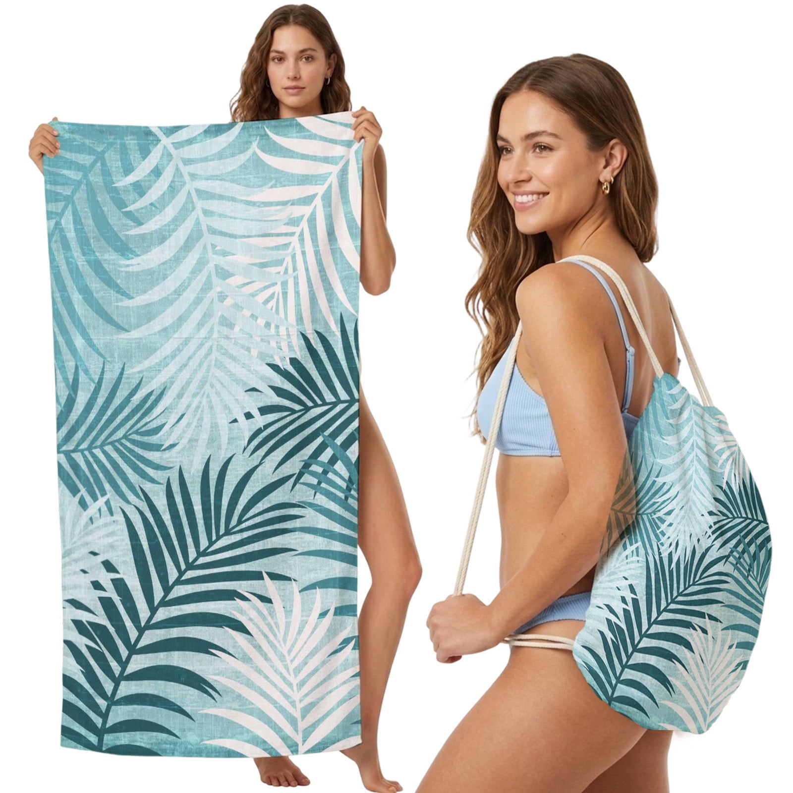 Beach Towel Bag 2 in 1 Turquoise Palm Leaves Bath Pool Towels Backpack Summer Tropical Leaf Plant Absorbent Beach Towel Soft Quick Dry Towels Drawstring Bag for Travel Camping Sports Picnic