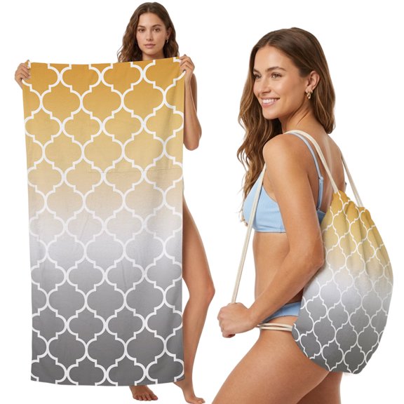 Beach Towel Bag 2 in 1 Yellow and Gray Ombre Gradient Bath Pool Towels Backpack Morocco Pattern Absorbent Beach Towel Soft Quick Dry Towels Drawstring Bag for Travel Camping Sports Picnic