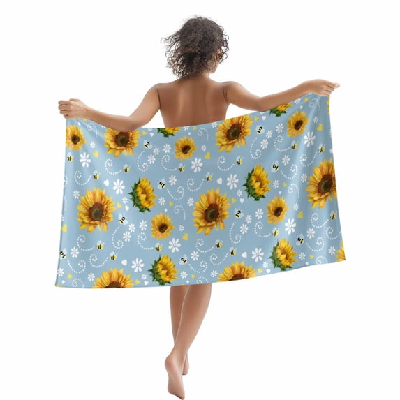 Beach Towel Bees Sunflower Bath Pool Towels Farmhouses Flower Blue Absorbent Beach Towel Soft Large Quick Dry Lightweight Camping Travel Sports Yoga Gym Swim Towels for Adult 35x70 Inch