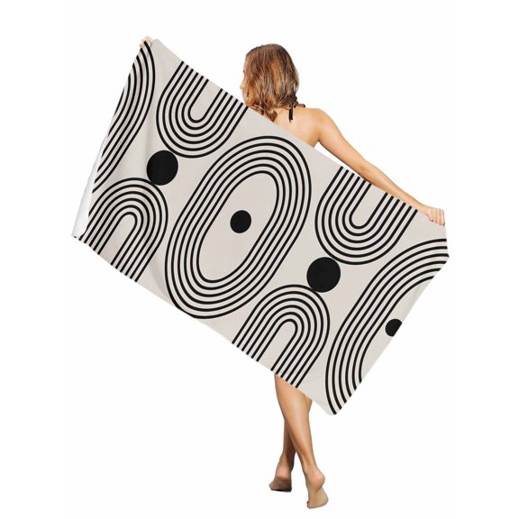 Beach Towel Black Circle Lines Bath Pool Towels Boho Modern Abstract Dot Absorbent Beach Towel Soft Large Quick Dry Lightweight Camping Travel Sports Yoga Gym Swim Towels for Adult 35x70 Inch