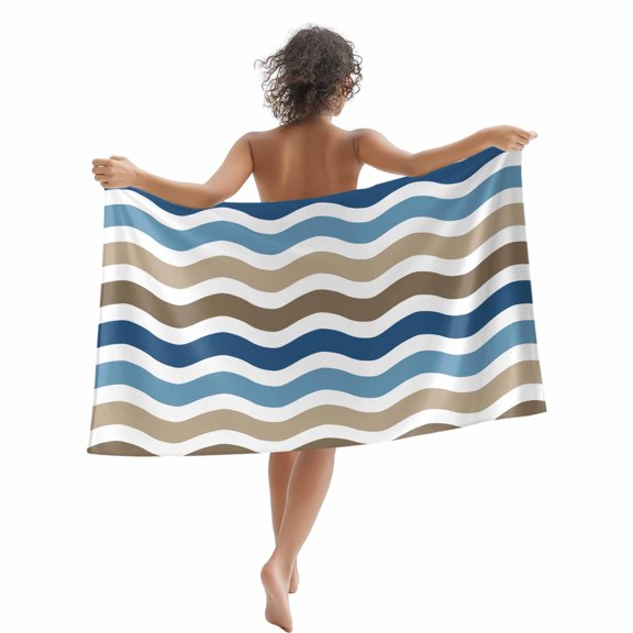Beach Towel Blue Brown Stripe Waves Bath Pool Towels Khaki Lines Striped Absorbent Beach Towel Soft Large Quick Dry Lightweight Camping Travel Sports Yoga Gym Swim Towels for Adult 35x70 Inch