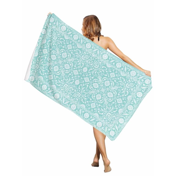 Beach Towel-Boho Mint Green Paisley Floral Microfiber Absorbent Quick Dry Oversized Travel Towels,Abstract Wild Flower Sand Free Lightweight Large Towel for Pool Camping Swim,35x71in