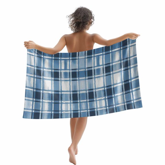 Beach Towel Buffalo Plaid Bath Pool Towels Blue Watercolor Check Stripes Absorbent Beach Towel Soft Large Quick Dry Lightweight Camping Travel Sports Yoga Gym Swim Towels for Adult 35x70 Inch
