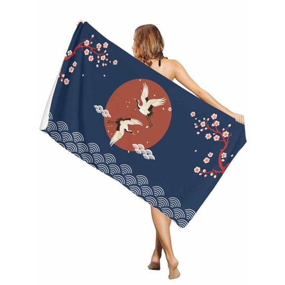 Beach Towel Cherry Blossom Crane Bath Pool Towels Japanese Blue Cloud Waves Absorbent Beach Towel Soft Large Quick Dry Lightweight Camping Travel Sports Yoga Gym Swim Towels for Adult 30x60 Inch