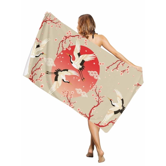 Beach Towel Cherry Blossom Crane Bath Pool Towels Japanese Style Cloud Absorbent Beach Towel Soft Large Quick Dry Lightweight Camping Travel Sports Yoga Gym Swim Towels for Adult 30x60 Inch