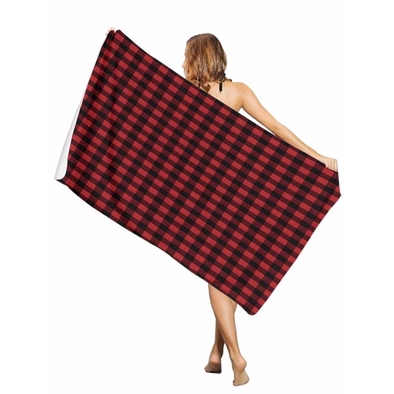 Beach Towel- Christmas Farm Red Black Buffalo Gingham MicrofiberAbsorbent Quick Dry Oversized Travel Towels,Rustic Classic Check Sand Free Lightweight Large Towel for Pool Camping Swim,35x71in