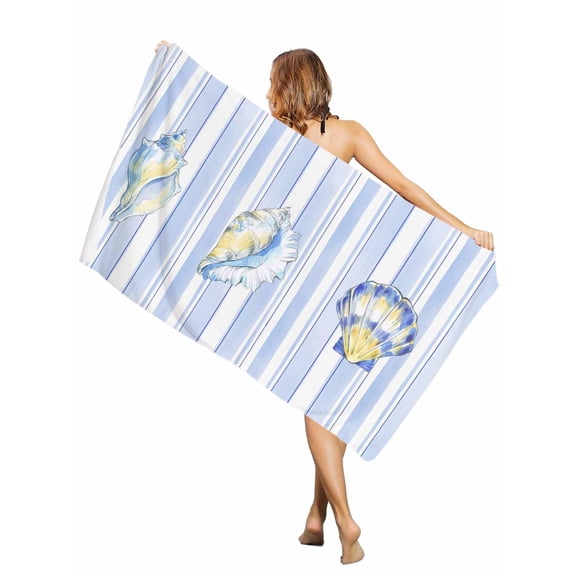 Beach Towel Coastal Shell Conch Bath Pool Towels Summer Blue Vertical Stripes Absorbent Beach Towel Soft Large Quick Dry Lightweight Camping Travel Sports Yoga Gym Swim Towels for Adult 30x60 Inch